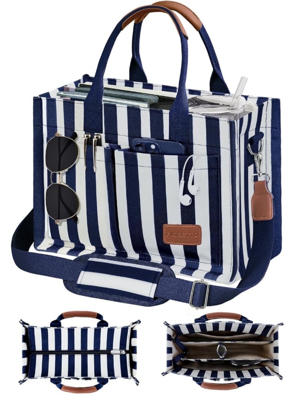 FIORETTO Canvas Women's Stripe Navy Tote Zipper Closure & Compartment Pocket Bag